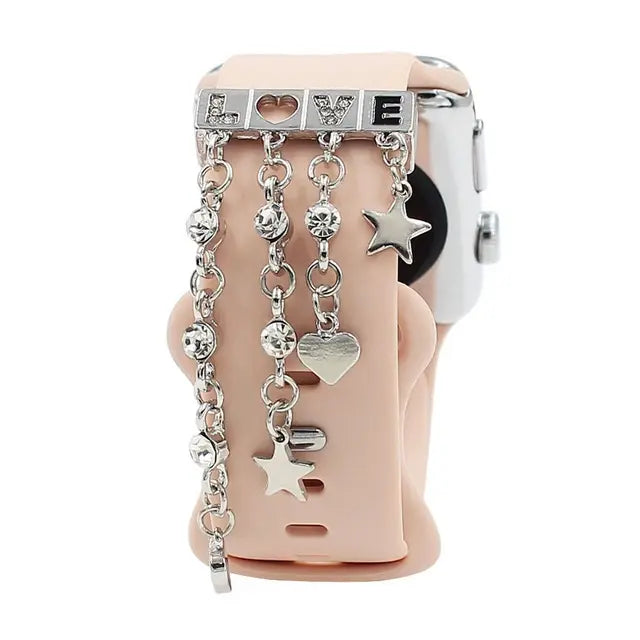 For Apple Watch Band Diamond Pearl Ornament Metal Charms Decorative Ring Creative Chain Smart Watch Silicone Strap Accessories