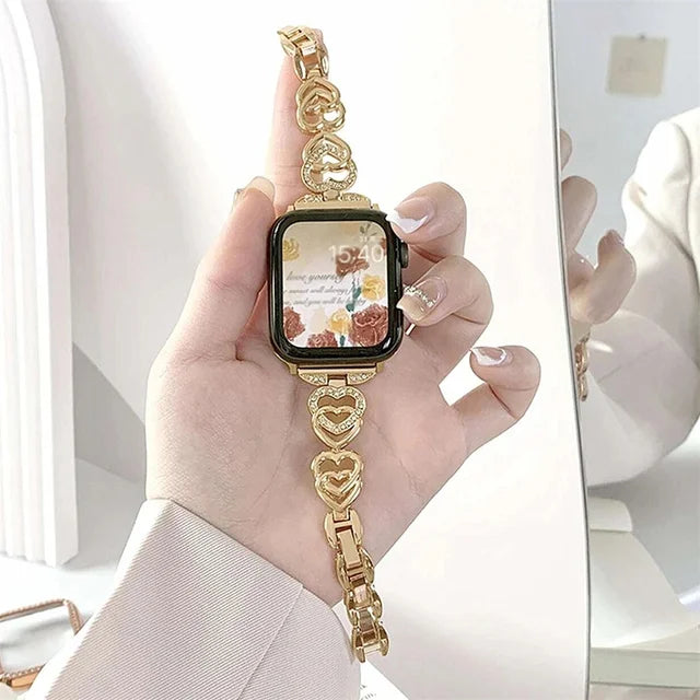 Strap Compatible For Apple Watch 40mm 41mm Lover Heart Bling Band For Women Shiny Diamond Bracelet For iWatch 9 8 7 6 SE 5 45mm