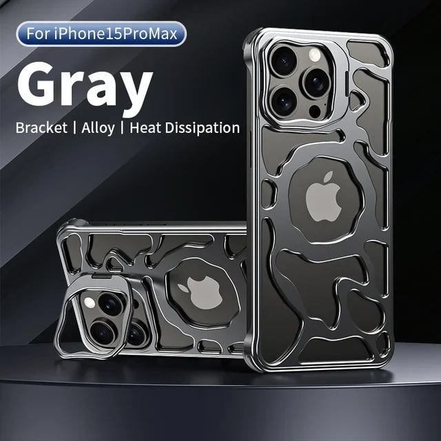 Magnetic Metal Phone Case For iPhone 13 14 15 16 Pro Max Invisible Bracket Aluminum Alloy Removable Heat Dissipation Phone Cover