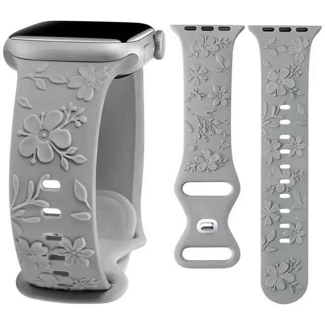 Embossed Floral Band for Apple Watch 41mm 40mm 38mm Cherry Blossoms Women Silicone Strap for iWatch 9/8/7/SE/6/5/4/3/2