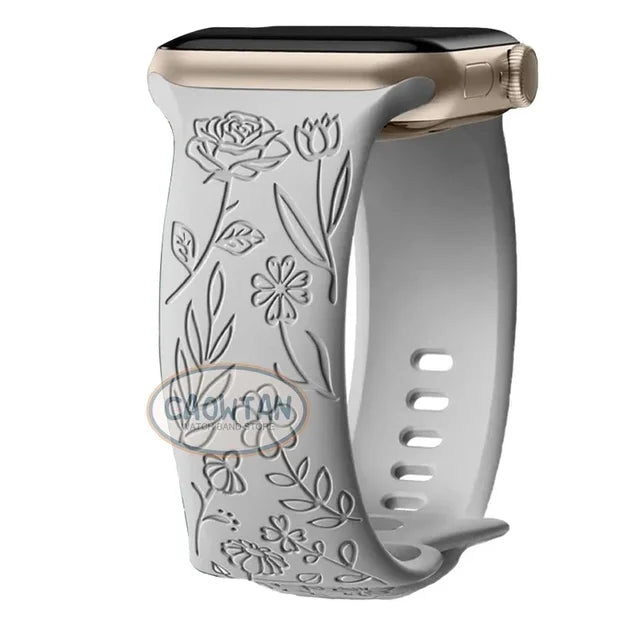 Engraved Floral Silicone Strap for Apple Watch Ultra 2 Band 49mm 45mm 40mm 41mm Bracelet Fashion IWatch Series 9 8/7/6/5/4/3/se