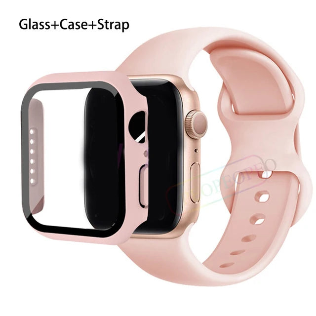 Glass+Case+Strap For Apple Watch band 44mm 41mm 45mm 40mm 38mm 42mm Silicone bracelet iWatch series 9 8 3 4 5 6 se 7 watchbands