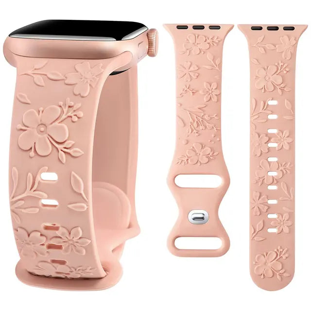 Embossed Floral Band for Apple Watch 41mm 40mm 38mm Cherry Blossoms Women Silicone Strap for iWatch 9/8/7/SE/6/5/4/3/2