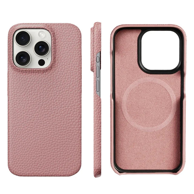 Magsafe Case for iPhone 15 16 Pro Max Promax 16Pro Natural Cowhide Lychee Leather Magnetic Protector Luxury Phone Back Cover