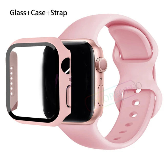 Glass+Case+Strap For Apple Watch band 44mm 41mm 45mm 40mm 38mm 42mm Silicone bracelet iWatch series 9 8 3 4 5 6 se 7 watchbands