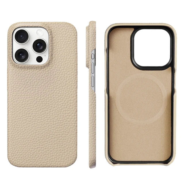 Magsafe Case for iPhone 15 16 Pro Max Promax 16Pro Natural Cowhide Lychee Leather Magnetic Protector Luxury Phone Back Cover