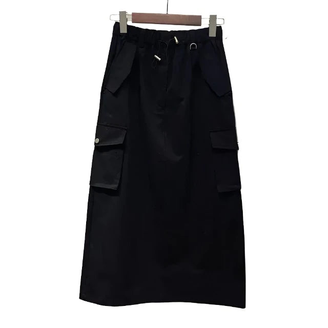 New Cargo Skirts for Women Long Skirts Elastic Waist Spring Summer Drawstring Girls Full Length Skirt Black