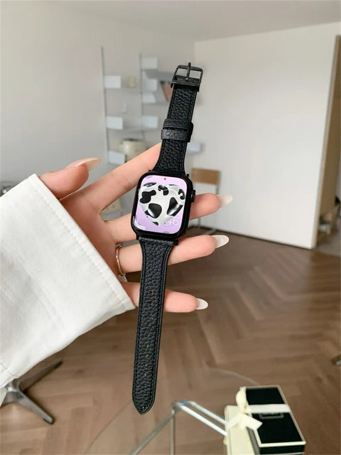 Retro Lychee Pattern Small Waist Leather Strap For Apple WatchBand 49mm 41mm 38 40mm Slim Band For iwatch Series 8 7 SE 6 5 4 3