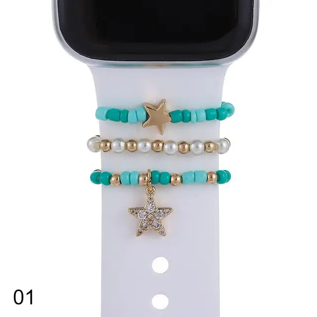 For Apple Watch Band Diamond Pearl Ornament Metal Charms Decorative Ring Creative Chain Smart Watch Silicone Strap Accessories