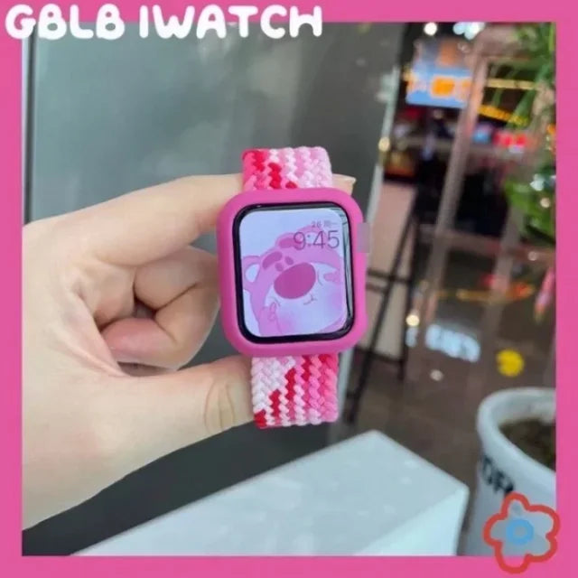 Cute Braied Strap + Case For Apple Watch Band 49mm 41mm 45 44 38 42 Nylon Bracelet For iWatch Series 9 8 7 6 5 4 3 SE 40