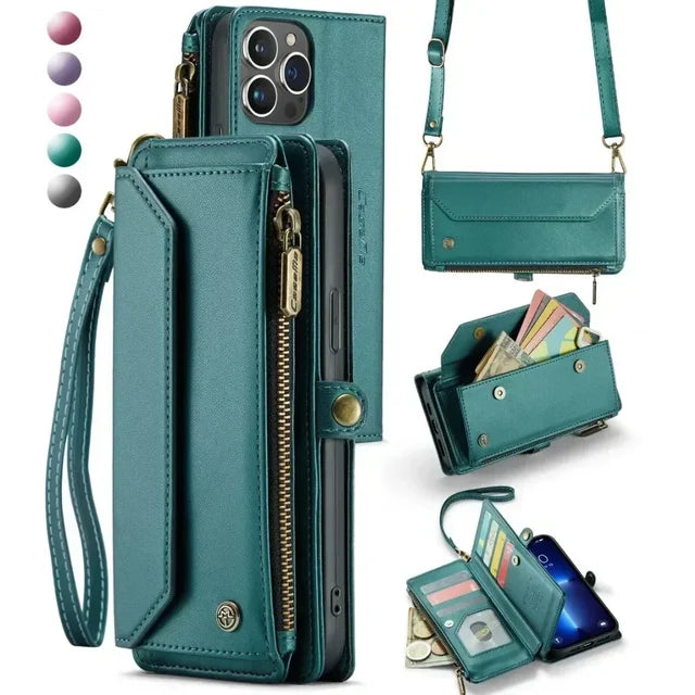 Long Crossbody Wallet Phone Case for IPhone 16 15 14 13 12 Pro Max Plus Promax Card Slot Holder Lanyard Leather Cover