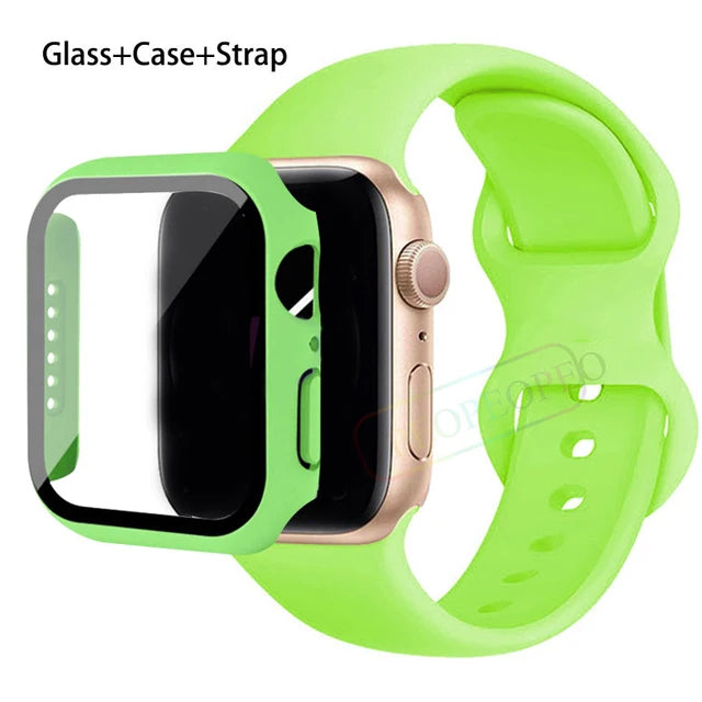 Glass+Case+Strap For Apple Watch band 44mm 41mm 45mm 40mm 38mm 42mm Silicone bracelet iWatch series 9 8 3 4 5 6 se 7 watchbands