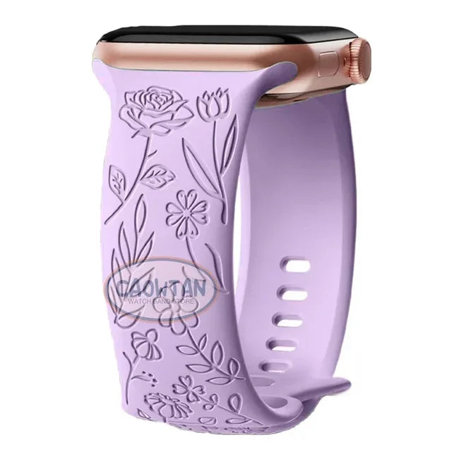 Engraved Floral Silicone Strap for Apple Watch Ultra 2 Band 49mm 45mm 40mm 41mm Bracelet Fashion IWatch Series 9 8/7/6/5/4/3/se