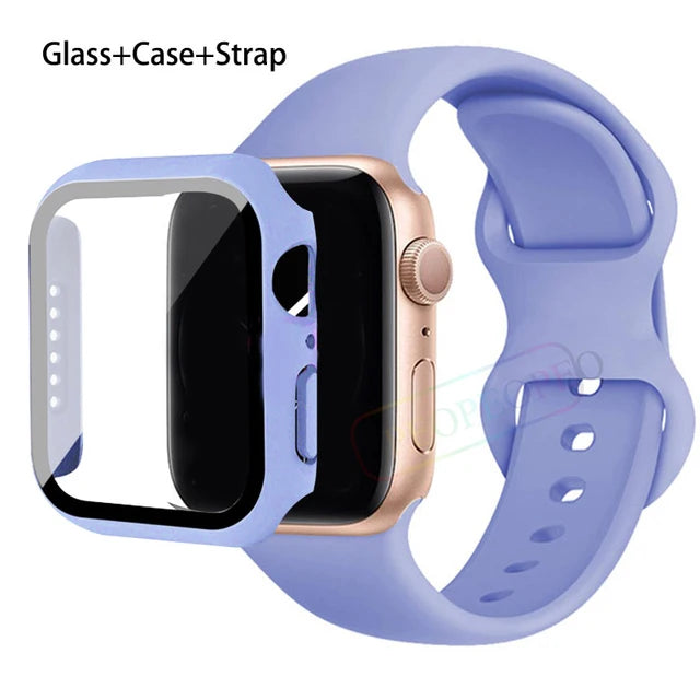 Glass+Case+Strap For Apple Watch band 44mm 41mm 45mm 40mm 38mm 42mm Silicone bracelet iWatch series 9 8 3 4 5 6 se 7 watchbands