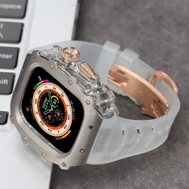 Titanium Modification Kit For Apple Watch Band Ultra 2 49mm 44mm 45mm Metal Case For Iwatch Series 9 8 7 6 5 4 Rubber Strap