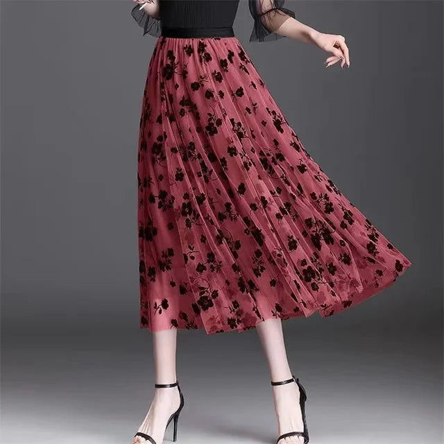 Mesh Floral Skirt For Women 2023 Autumn Winter Lace Flocking Big Swing Elastic High Waisted Fashion Elegant Mujer Party A-Line