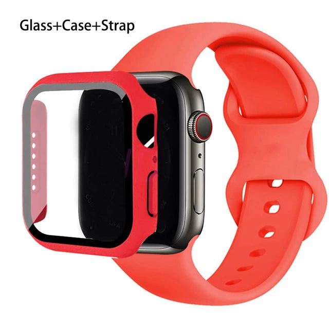 Glass+Case+Strap For Apple Watch band 44mm 41mm 45mm 40mm 38mm 42mm Silicone bracelet iWatch series 9 8 3 4 5 6 se 7 watchbands