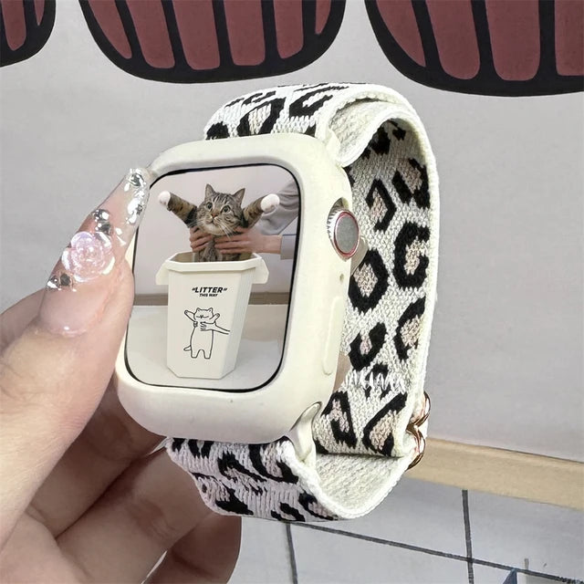 Cute Leopard Print Strap + Case For Apple Watch Band 44 40 45 41 49 MM Girl Elastic Nylon Wrist Bracelet For iWatch 9 8 SE 7 6 5