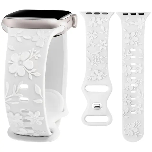 Embossed Floral Band for Apple Watch 41mm 40mm 38mm Cherry Blossoms Women Silicone Strap for iWatch 9/8/7/SE/6/5/4/3/2