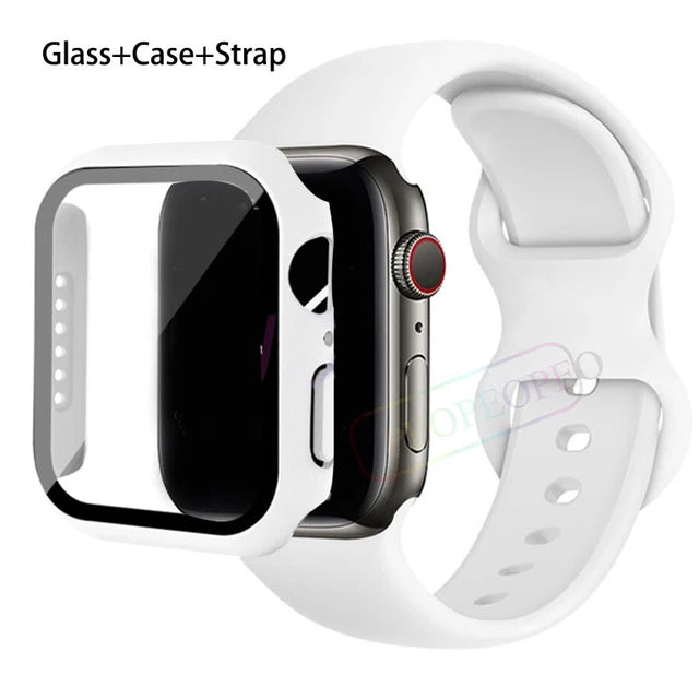 Glass+Case+Strap For Apple Watch band 44mm 41mm 45mm 40mm 38mm 42mm Silicone bracelet iWatch series 9 8 3 4 5 6 se 7 watchbands