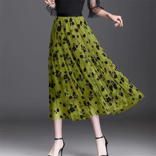 Mesh Floral Skirt For Women 2023 Autumn Winter Lace Flocking Big Swing Elastic High Waisted Fashion Elegant Mujer Party A-Line