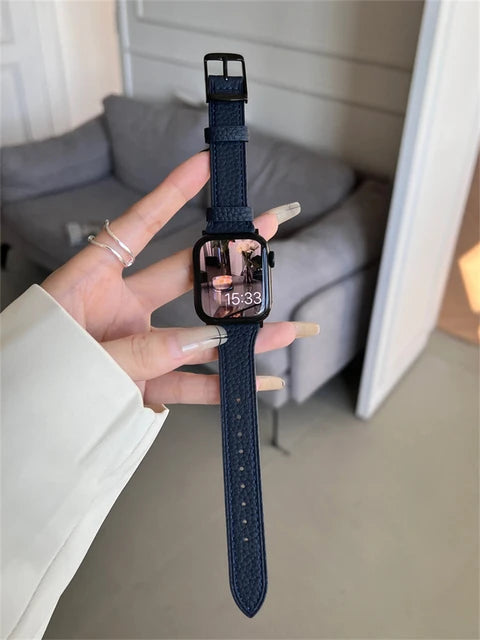 Retro Lychee Pattern Small Waist Leather Strap For Apple WatchBand 49mm 41mm 38 40mm Slim Band For iwatch Series 8 7 SE 6 5 4 3
