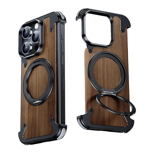 For iPhone 16 15 14 Pro Max Case 360°Rotating Magnetic Magsafe Car Phone Holder Walnut Wood Metal framework Protective cover