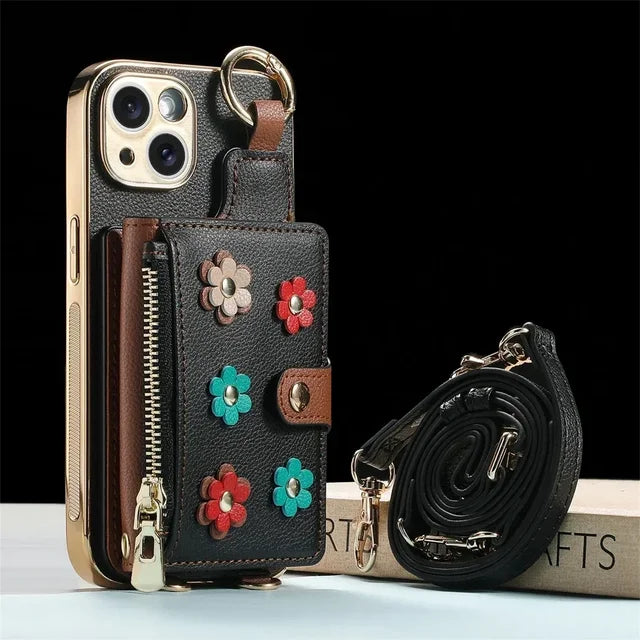 Zipper Leather Wallet Case for iPhone 16 15 Promax 13 11 12 Plus 14 Pro Max Iphone15 Pocket Ring Bracket Lanyard Phone Cover