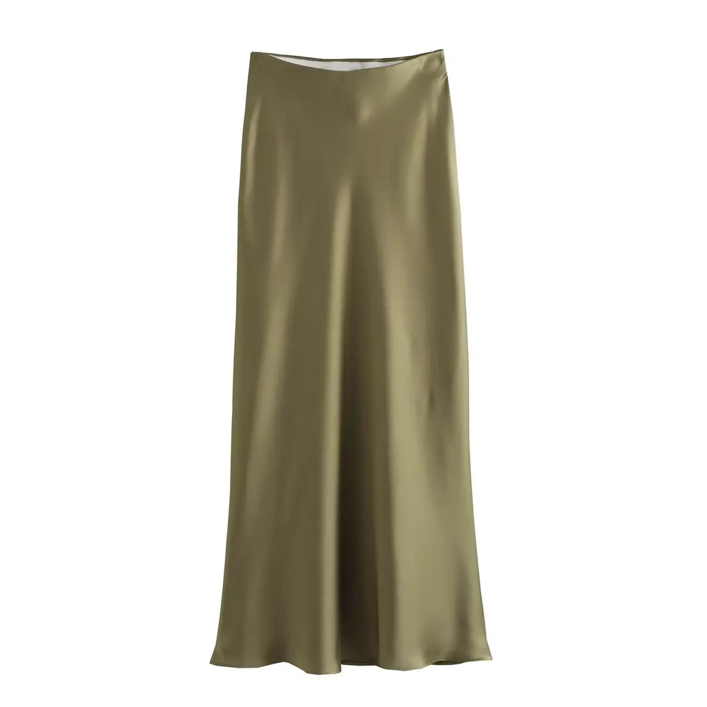 Women Fashion Satin Solid Pleated Midi Skirt Vintage Mid Elastic Waist Female Chic Lady Skirts