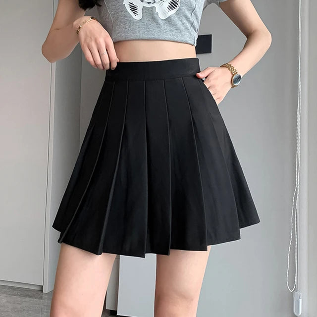 Korean Elastic High Waist Pleated Skirt Woman Black Gray Short A Line www.Nuroco