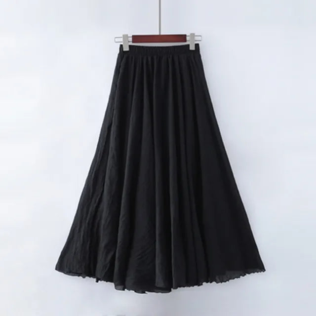 High Quality Cotton Linen Maxi Skirt Womens Casual Elastic High Waist Pleated A-Line Beach Skirts Boho Saia Feminina Faldas Jupe