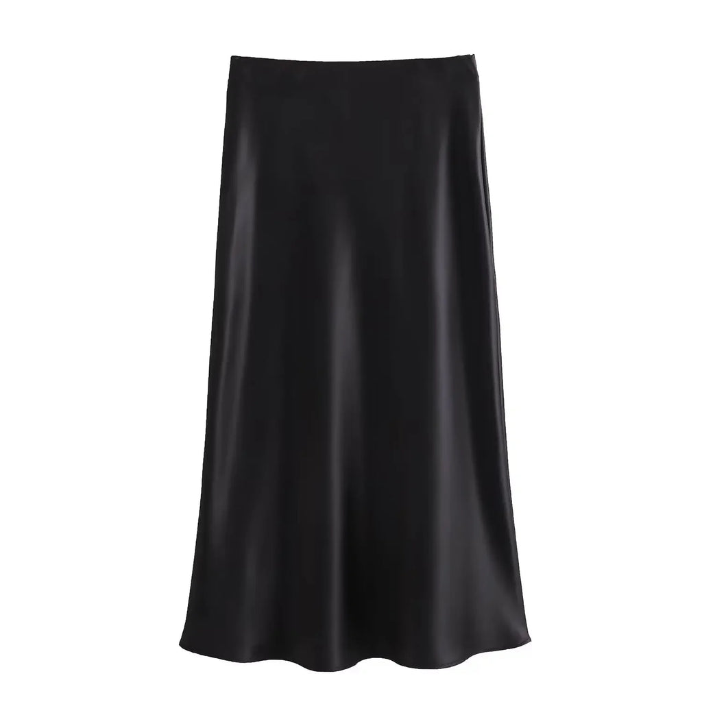 Women Fashion Satin Solid Pleated Midi Skirt Vintage Mid Elastic Waist Female Chic Lady Skirts