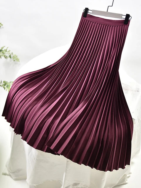 Women Spring Autumn Elegant Chic Solid Pleated Skirt High Waist Luxury Fashion With Elastic Female C-035