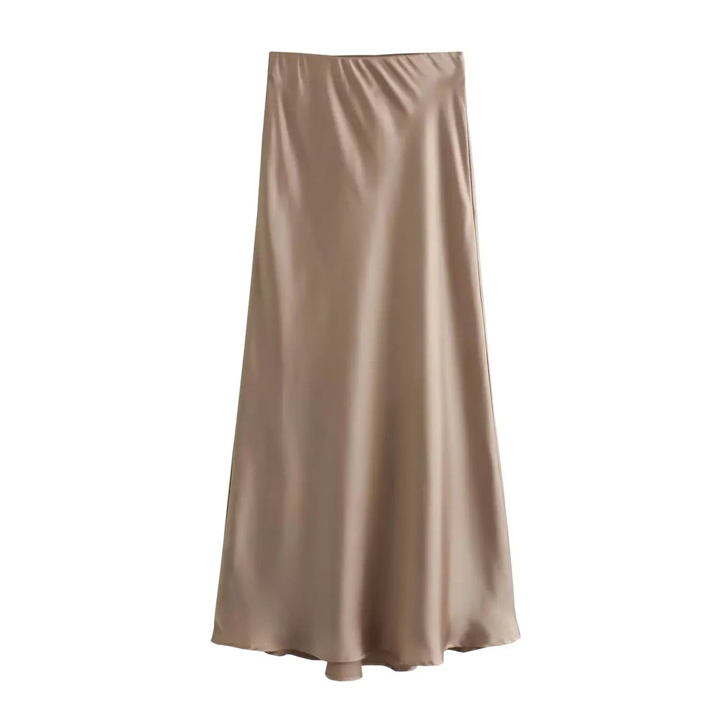 Women Fashion Satin Solid Pleated Midi Skirt Vintage Mid Elastic Waist Female Chic Lady Skirts