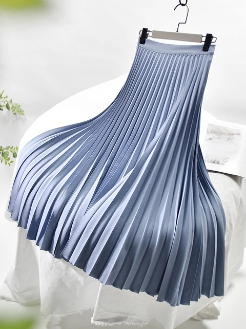 Women Spring Autumn Elegant Chic Solid Pleated Skirt High Waist Luxury Fashion With Elastic Female C-035