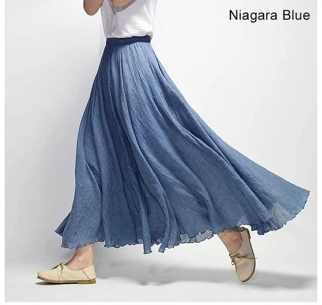 Women's Elegant High Waist Linen Maxi Skirt 2023 Summer Ladies Casual Elastic Waist 2 Layers Skirts saia feminina 20 Colors