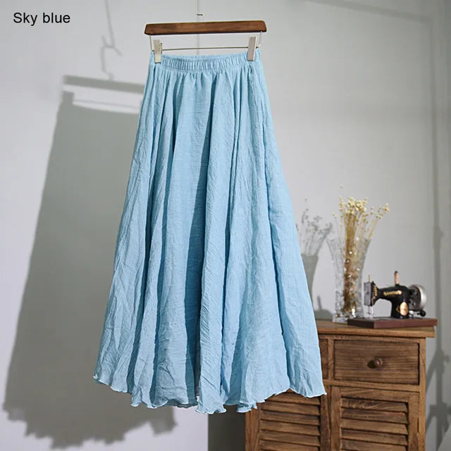 Women's Elegant High Waist Linen Maxi Skirt 2023 Summer Ladies Casual Elastic Waist 2 Layers Skirts saia feminina 20 Colors