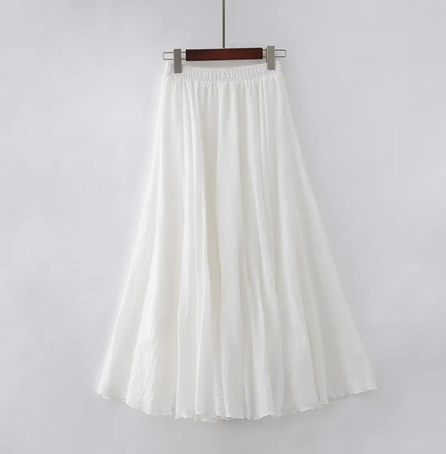 High Quality Cotton Linen Maxi Skirt Womens Casual Elastic High Waist Pleated A-Line Beach Skirts Boho Saia Feminina Faldas Jupe