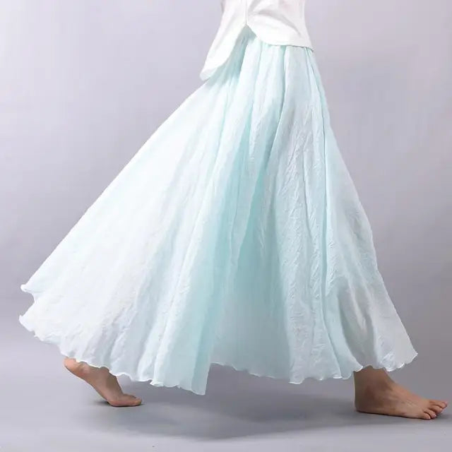 Women's Elegant High Waist Linen Maxi Skirt 2023 Summer Ladies Casual Elastic Waist 2 Layers Skirts saia feminina 20 Colors