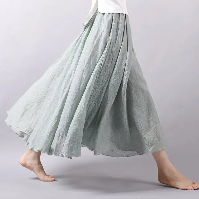 Women's Elegant High Waist Linen Maxi Skirt 2023 Summer Ladies Casual Elastic Waist 2 Layers Skirts saia feminina 20 Colors