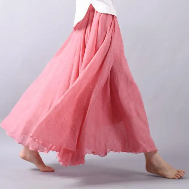 Women's Elegant High Waist Linen Maxi Skirt 2023 Summer Ladies Casual Elastic Waist 2 Layers Skirts saia feminina 20 Colors