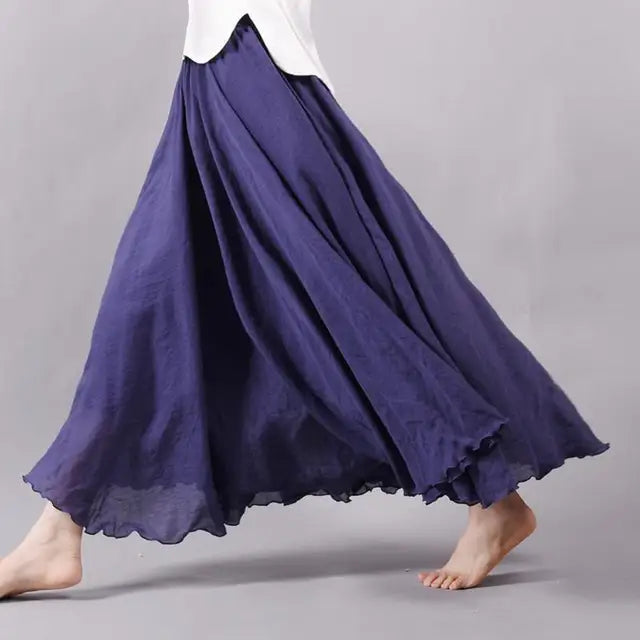 Women's Elegant High Waist Linen Maxi Skirt 2023 Summer Ladies Casual Elastic Waist 2 Layers Skirts saia feminina 20 Colors