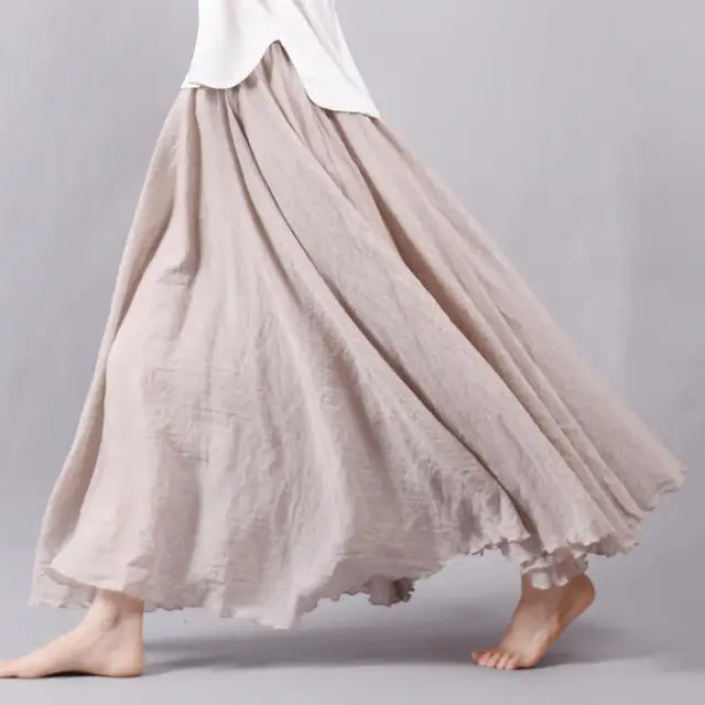 Women's Elegant High Waist Linen Maxi Skirt 2023 Summer Ladies Casual Elastic Waist 2 Layers Skirts saia feminina 20 Colors