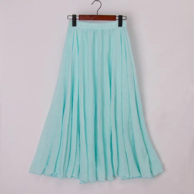 High Quality Cotton Linen Maxi Skirt Womens Casual Elastic High Waist Pleated A-Line Beach Skirts Boho Saia Feminina Faldas Jupe