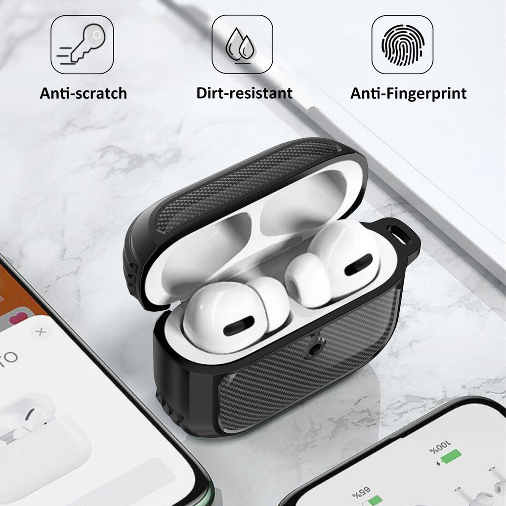 Carbon fiber Pattern for AirPods Pro Charging Case, Waterproof Protective Shock Resistant Silicone Cover Sports with Keychain|Earphone Accessories|
