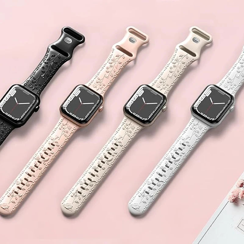 Strap For Apple Watch Band 45mm 44mm 41mm 40mm 42mm 49mm Silicone Floral Engraved Bracelet Correa Series 8 9 7 SE 4 5 6 Ultra 2