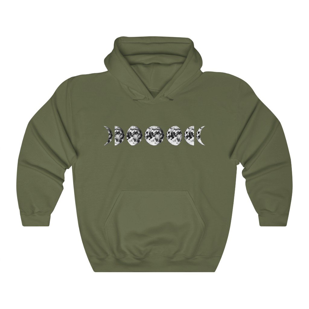 Hoodie Military Green / S Moon Phases Hooded Sweatshirt - Moon Hooded Sweatshirt - Moon Phases - Unisex