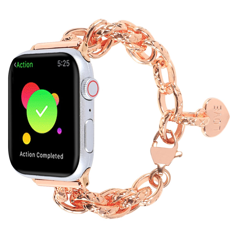 Steel Strap for Apple Watch Band 8 7 6 Women Luxury Chain Bracelet Band Color: Rose Gold, Band Width: 42mm, 44mm, 45mm, 49mm