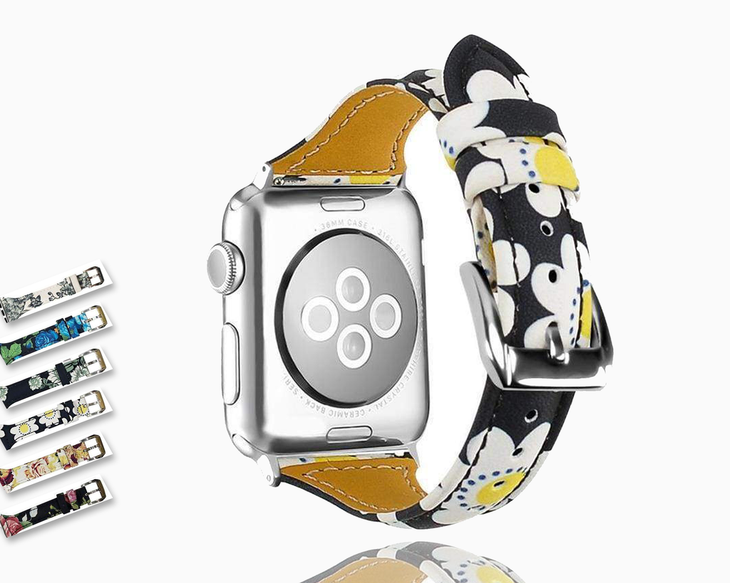 accessories Slim flower floral Genuine Leather Apple Watch band, Silver connectors  women girl strap, Iwatch 44/42mm 40/38mm for her - US Fast Shipping