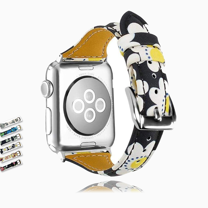 accessories Slim flower floral Genuine Leather Apple Watch band, Silver connectors  women girl strap, Iwatch 44/42mm 40/38mm for her - US Fast Shipping